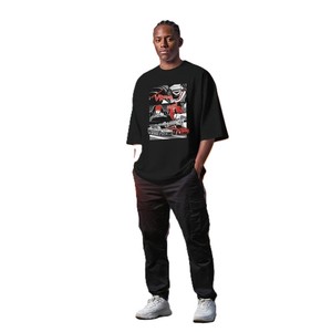 Camiseta Negra Extra Grande para Hombre con Estampado Gráfico de Carreras de Autos, Estilo Urbano, Manga Corta, Cuello Redondo, Diseño en Algodón - Product Image 4