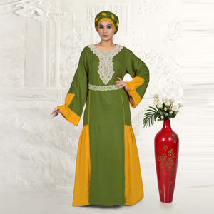 Caftán de Rayón con Diseño Intrincado de Encaje en el Pecho, Paneles en Contraste de Dos Tonos, Mangas Campana Relajadas, Transpirable, Largo hasta el Suelo, Ideal para Eid - Product Image 3