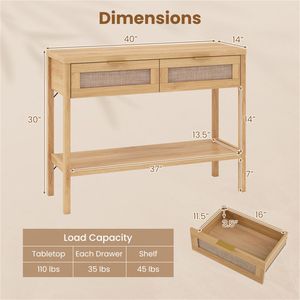 Consolle in Rattan PE Robusto da 40 Pollici con Cassetti Contenitori e Ripiano Inferiore per Ingresso, Corridoio o Soggiorno - Product Image 4