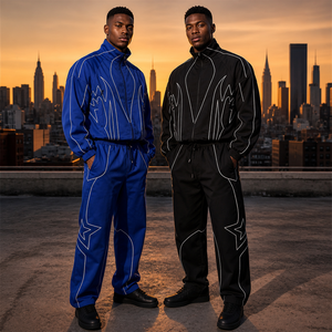 Unisex Black Tracksuit White <b>Star</b> Solid Full Zip <b>Jacket</b> Joggers Regular Fit Winter Sporty Streetwear Breathable Nylon - Product Image 3