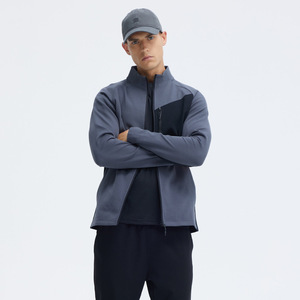 Men's Light Gray Fleece <b>Jacket</b> Navy Stand Collar Zipper Closure Casual <b>Winter</b> Wear Polyester Knitted <b>Waterproof</b> Windproof - Product Image 2