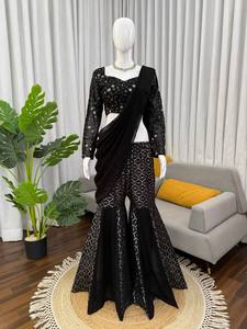 Conjunto Lehenga Choli Sharara Negro Bordado para Mujer, Étnico, Reversible, de Secado Rápido, Largo hasta el Tobillo, para Fiestas, Bodas, Diwali - Product Image 1