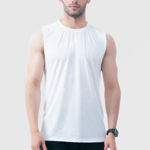 Débardeur blanc sans manches pour homme, col rond, séchage rapide, tricoté, coupe sportive, couleur unie, polyester, pour l'entraînement - Product Image 4