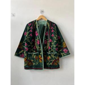 Manteau court kimono vert en coton brodé floral avec ceinture, style bohème Suzani, réversible, éco-responsable, vêtement d'extérieur tendance, cadeau pour - Product Image 4