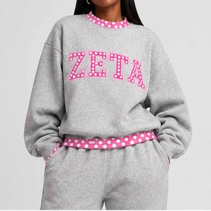 Zeta Factory Custom <b>Mock</b> <b>Neck</b> Crew <b>Neck</b> Sweatshirt Women Men Ladies Unisex Gingham Patch Polka Dot Letter Applique Embroidery - Product Image 6