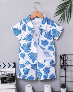Boys Polyester/Cotton Printed Short Sleeve Shirt and Shorts Set Casual Summer Outfit Blue Leaf Pattern Woven Fabric - Product Image 1