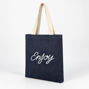 Bolsa de tela azul vaquera con estampado de floques, 34x38x0 cm, 300 GSM, asa de cinta de algodón, logotipo personalizado, venta al por mayor, marca privada, bolsa ecológica - Product Image 5