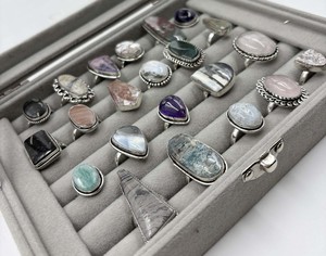 Vente en gros de bagues tendance unisexes plaquées argent 925, bijoux bohèmes, forme ovale, rectangulaire, triangulaire, cristal coloré naturel - Product Image 5