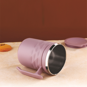 Premium stainless steel insulated coffee mug with textured geometric design <b>reusable</b> travel tea <b>cup</b> with handle lid - Product Image 5