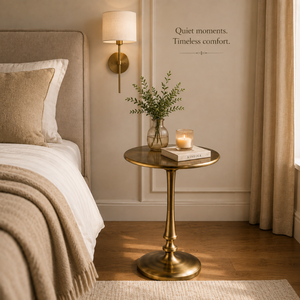 Modern <b>Round</b> Pedestal <b>Side</b> <b>Table</b> with Antique Brass Finish | Elegant Minimalist Accent End <b>Table</b> with Sculpted Column Base Sofa - Product Image 4