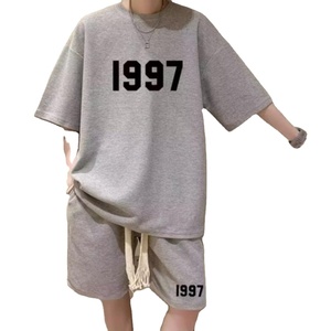Conjunto de Camiseta y Pantalones Cortos para Hombre, Color Negro, Estampado por Transferencia Térmica 1997, Informal, de Algodón Tejido, Transpirable, para Verano, Polo de Manga Corta - Product Image 6