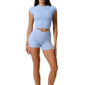 T-shirt court à manches courtes pour femmes, couleur unie, extensible, coupe ajustée, haut de yoga pour l'entraînement - Product Image 5