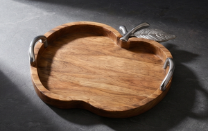 Plateau de service en bois de manguier finition naturelle en forme de pomme, plateau décoratif en bois avec poignée en feuille d'argent - Product Image 5