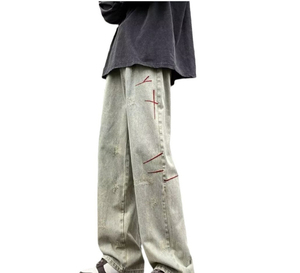 Jeans de Mezclilla de Algodón Lavado a la Piedra, Corte Recto, Ajuste Holgado, para Hombre, con Bordado Rojo, Estilo Urbano, Cintura Media, para Otoño - Product Image 1