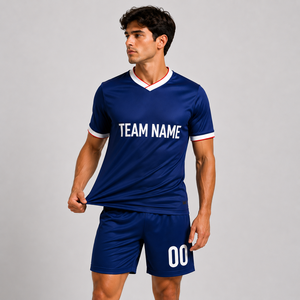 Maillot de football bleu pour homme, col en V, manches courtes, personnalisable avec le nom de l'équipe, ensemble uniforme en polyester anti-humidité avec poches - Product Image 5