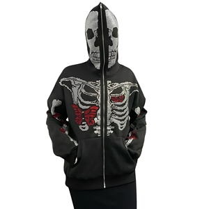 Sudadera con capucha y cremallera completa con estampado de esqueleto, diseño único y estilo urbano atrevido, suave y cómoda. - Product Image 1