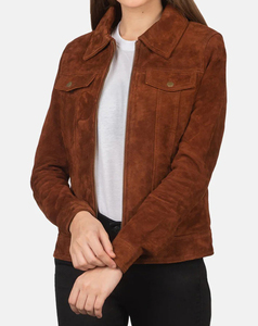 Veste en daim marron de qualité supérieure pour femmes, style trucker, manches longues, fermeture éclair, col rabattu, style automne, longueur normale - Product Image 1