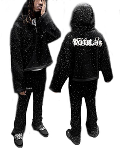 Conjuntos de Sudadera con Capucha y Pantalones Acampanados de Algodón 100% Pesado con Logo Estampado de Pedrería, Personalizados en Negro, de Dos Piezas para Hombre, Ideales para Invierno - Product Image 1