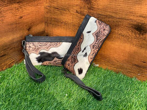 Cartera de cuero hecha a mano para mujer, cartera con cremallera de cuero genuino occidental, bolso de mano Floral pintado a mano - Product Image 3