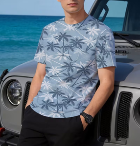 Men's Blue Palm Tree Print Short Sleeve O-Neck Casual T-Shirt Regular Fit Digital Print Breathable Knitted 100% Polyester - Product Image 6