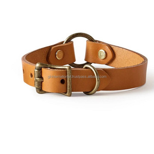 Collar de perro de cuero curtido hecho en La India para perros pequeños o medianos anillo doble de latón antiguo macizo y hebilla de pasador de rodillo - Product Image 4