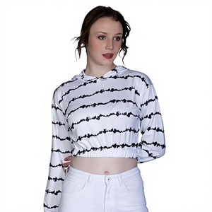 EVERGLOW Women'<b>s</b> Hooded Puff Sleeve Crop Top Casual Long Sleeve Terry Breathable Eco-Friendly White Black Spring Fashion - Product Image 3