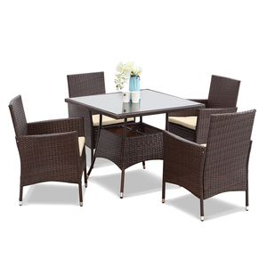 Set da pranzo in 5 pezzi PE Rattan vimini e metallo con cuscini Beige per uso giardino - Product Image 1