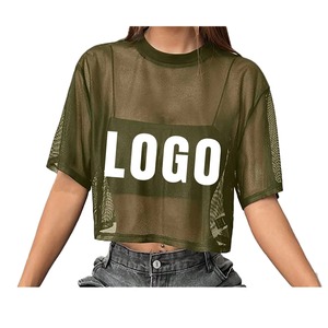 Olive Green Mesh Crop Top Short Sleeve O-Neck Breathable Casual T-Shirt With Logo Front Print Oversized Fit Women tshirt - Product Image 1