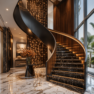 Escalier courbé en marbre noir de luxe avec éclairage LED intégré dans les marches, rampe en bois moderne pour la décoration intérieure de villas et d'hôtels - Product Image 2