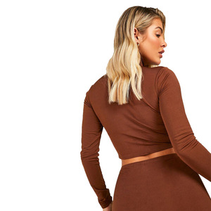Women's Brown <b>Turtleneck</b> Long Sleeve Crop <b>Top</b> Ruched Knitted Slim Fit Solid Color Sexy Club Wear - Product Image 2