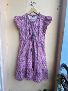 Vestido Mini de Algodón Indio Estampado a Mano para Mujer, 100% Algodón, Cuello Halter, Manga Corta, Bordado Floral, Borlas, Vestido Largo - Product Image 5
