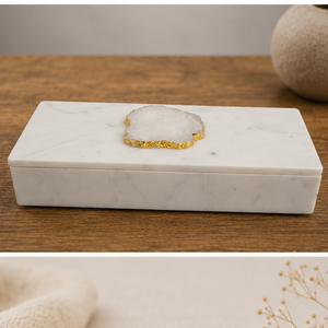 Plateau de rangement rectangulaire en marbre blanc avec incrustation d'agate à bords dorés, boîte décorative moderne pour table de salon - Product Image 5