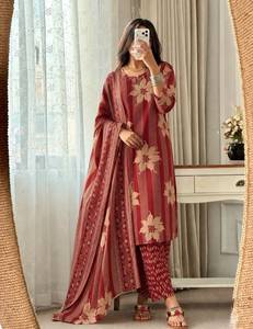 Floral Stripe Printed <b>Kurta</b> Pant Set With Dupatta Cotton Blend Indian Pakistani <b>Women</b> Top Outfit - Product Image 1