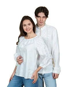2 Piece Set For Couple Top & Shirt Designer Machine Embroidery Long Sleeve Occasion Wear Dress