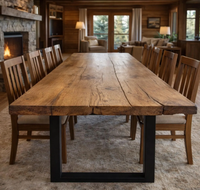 Table à manger en bois d'acacia massif de qualité supérieure avec pieds en métal robustes, meubles en bois à bord naturel pour maison moderne, restaurant, ferme