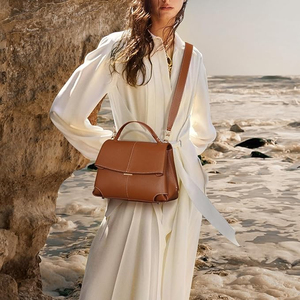 Bolso de Mano de Cuero Genuino para Mujer, Cierre de Solapa, Textura Saffiano Clásica, Dos Asas, Uso Diario, Elegante Bolso Marrón - Product Image 6