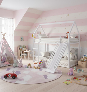 Cama litera doble sobre doble de madera de pino maciza moderna para niños con almacenamiento, ecológica, duradera, convertible con tobogán y escalera - Product Image 1