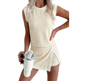Wholesale 2 Piece Sets for Women Summer Outfits Ribbed Knit Tank Top and <b>Split</b> Lined <b>Skirt</b> Two Pieces Lounge Matching Set - Product Image 2