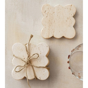 Minimalist Wabi-Sabi Travertine Stone <b>Coaster</b> Set | Flower Scalloped Edge Natural Limestone <b>Coaster</b> for Coffee Table & Hotel Bar - Product Image 4