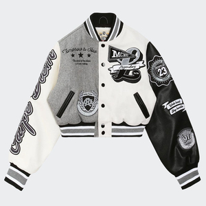 Custom Men's Fashion Varsity Patch Bomber <b>Jacket</b> High Quality Genuine Sheepskin Heavyweight Two Tone Black <b>White</b> Letterman Front - Product Image 1