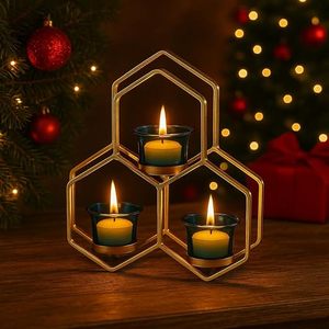 Gold Hexagon Candle <b>Stand</b> with Blue <b>Glass</b> <b>Holders</b> for Home Decoration - Product Image 1