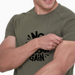 Men's Olive Green Short Sleeve T-Shirt With <b>No</b> Pain <b>No</b> Gain Dumbbell Print O-Neck Casual Slim Fit Jersey Cotton - Product Image 2