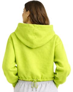 Sudadera con capucha corta de forro polar verde lima con cremallera de un cuarto, bolsillo canguro, dobladillo con cordón ajustable, estilo casual urbano, cálida, para mujer - Product Image 3