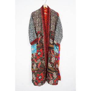 Robe longue en soie 100% faite à la main, patchwork, col en V, fermeture à cordon, manches trois-quarts, respirante, douce, pour femmes - Product Image 2