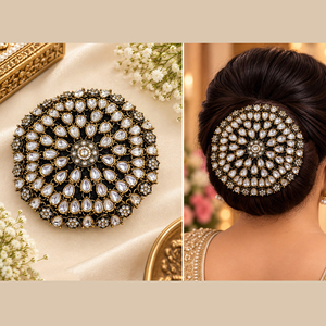 JeweleMarket Elegant Ethnic Kundan Stone Hair Bun Cover for <b>Women</b>-Fashion Alloy Cellulose Acetate Party Wedding Charm - Product Image 1