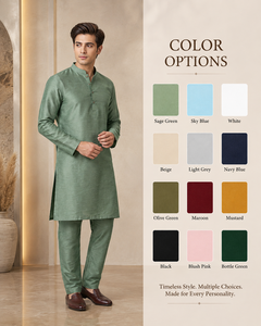 CHOHAN TEXTILE <b>Men's</b> Green Silk Cotton Kurta <b>Pajama</b> <b>Set</b> Regular Fit Knee-Length Traditional Ethnic Wear Sun Protection Party - Product Image 3