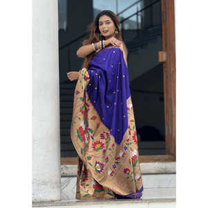 ผ้าไหมซัคชีไวโอเล็ตปายทานี พร้อมดีไซน์ขอบผ้าขนาดใหญ่แบบฮาล์ฟฮาล์ฟ  ตกแต่งด้วยงานปักดิ้นทอง  ชุดอินเดียและปากีสถาน น้ำหนัก 700 กรัม - Product Image 3