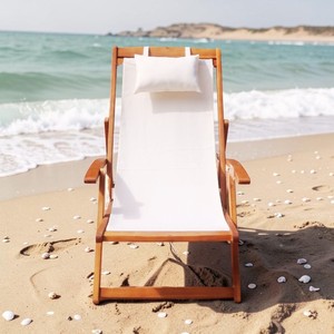 Chaise de plage pliante contemporaine en bois, dossier réglable en tissu Oxford, mobilier d'extérieur pliable avec coussin inclus - Product Image 1