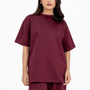 เสื้อยืดแขนสั้นคอกลมสีเบอร์กันดีสำหรับผู้หญิง ผ้าถักสีทึบ ทรงหลวมขนาดใหญ่ ใส่ได้ทุกฤดูกาล เสื้อลำลอง - Product Image 1
