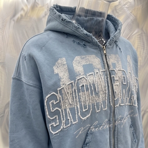เสื้อฮู้ดซิป Snowgrace สีน้ำเงิน ทรงโอเวอร์ไซส์ สตรีทแวร์ผู้ชาย โลโก้ด้านหน้า ผ้าฝ้ายฟอก ทรงเฟรนช์เทอร์รี่ - Product Image 6
